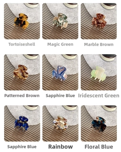 Detailed grid view showing nine assorted colors of acetate mini hair claw clips