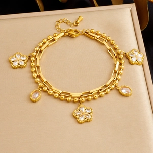 Layered Bracelet Stainless Steel Gold Plated Flower Oval Zircon Pendants Elegant Jewelry For Women