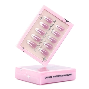 Short almond press-on nails with lavender French gradient design in a pink display box