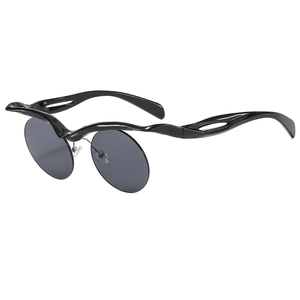 Fashionable round sunglasses with unique black wavy frame and dark gray lenses