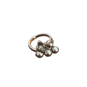 French luxury open ring with grey pearls and cubic zirconia on silver metal