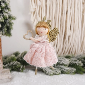 Pendentif ange en dentelle rose avec ailes dorées pailletées pour décoration de Noël