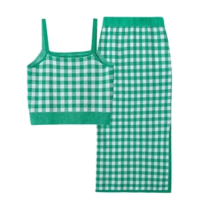 Women's two-piece green and white checkered knit set with crop camisole and pencil skirt