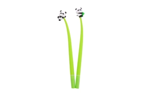 Detail of green panda pens with 3D panda and bamboo topper on white background