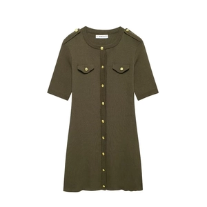 Army green short sleeve knit dress with V-neck, gold buttons and flap pocket decoration