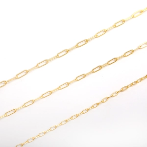14K gold plated paperclip chain necklaces in three sizes shown on a white background