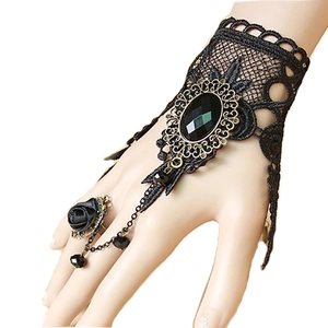 Gothic black lace armlet with vintage gemstone and integrated rose ring accessory