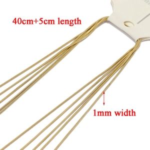 Detail view of 1mm gold snake bone chain with 40cm plus 5cm length specifications