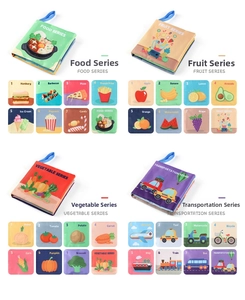 Detail of four early education cloth books showing food, fruit, and transport themes