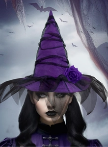 Gothic witch hat with purple roses and black mesh lace detail for Halloween cosplay