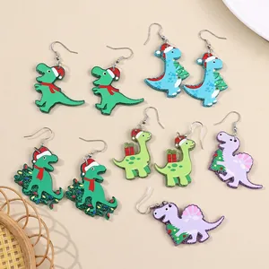 5 pairs of acrylic Christmas dinosaur earrings with glitter and festive hats in various colors