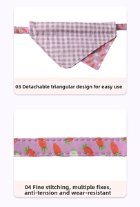Detail view of purple carrot pattern pet bandana showing detachable design and stitching