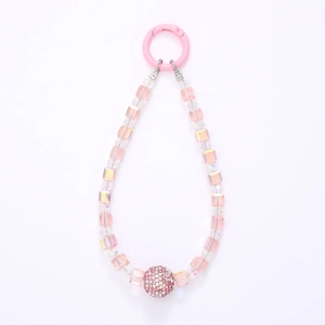 Pink beaded phone charm with square transparent beads and sparkling rhinestone ball