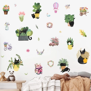 Cartoon black cat and watercolor floral wall decals for bedroom and nursery decor