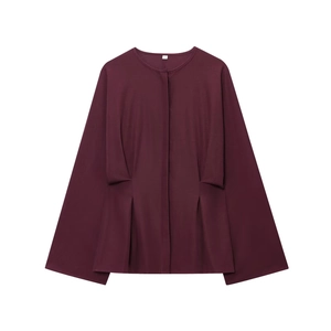Detailed view of burgundy round neck blouse with elegant pleated waist detail in S size