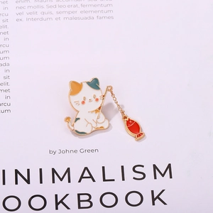 Cute cartoon cat fishing enamel brooch with metal chain and red fish pendant