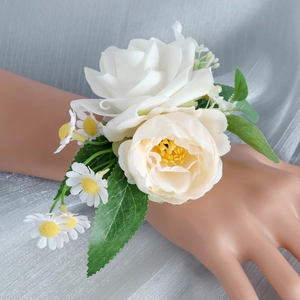 Handmade white rose wrist corsage with silk peony and greenery for weddings