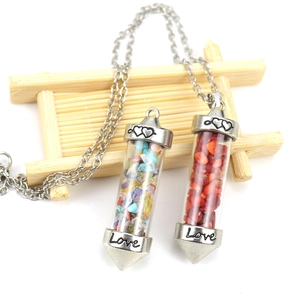 Colorful crushed stone wishing bottle necklace with Love engraving and metal chain