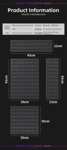Size chart showing dimensions for black wall-mounted pegboard storage shelves