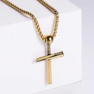 Baseball Bat Cross Pendant Necklace Stainless Steel Sports Jewelry For Men Punk Hip Hop Streetwear Polished