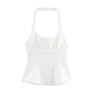 Sleeveless white halter top for women featuring front gathered detail and flared hem style