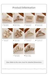 Detail view of large hair claw clips in five shapes and matte cream coffee colors