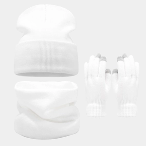 Detailed view of white winter knit set including beanie, neck gaiter, and touch gloves