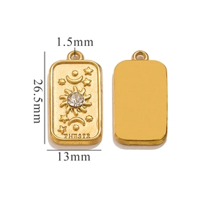 Detailed size view of golden tarot pendant with sun relief and zircon inlay