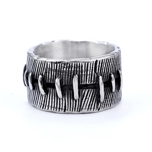 Vintage dark punk stitch design ring in antique silver finish for a bold masculine look
