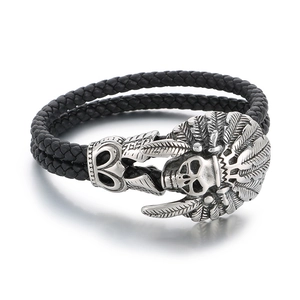 Braided black leather bracelet for men with silver stainless steel Indian skull charm