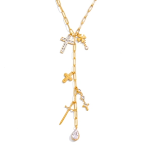 Collier en Y doré à maillons trombones avec croix, pendentif épée et cristal en goutte
