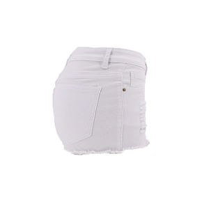 Side view of white denim shorts featuring distressed ripped details and raw frayed hems