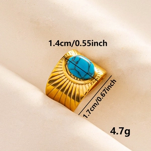 Adjustable 304 stainless steel ring with blue turquoise stone and sunburst pattern