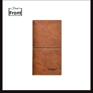 Detailed front view of a slim brown leather long wallet with fine stitching and textures