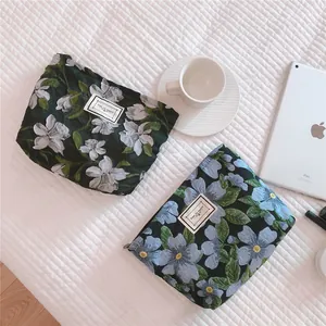 Close-up of floral jacquard canvas makeup bags with textured fabric and zipper detail