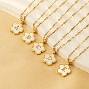 Elegant 18K gold-plated titanium steel five-leaf flower necklace with shell letter pendant