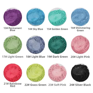 Detailed palette of 12 vibrant mica powder pigments for DIY resin and craft projects