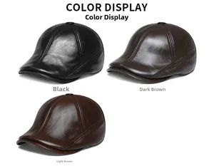 Three leather flat caps shown in black, dark brown, and light brown on white background
