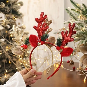 Glitter reindeer antler headbands with bells and ears for Christmas party costume decor