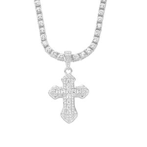 Macro shot of silver hip hop cross pendant necklace with sparkling clear diamond inlay