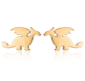 Macro shot of gold dinosaur stud earrings with polished finish and mirror reflection