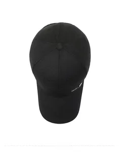 Top view of a black cotton baseball cap showing 6-panel structure and JING PIN side text