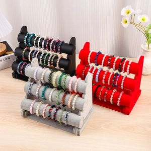 Tiered Jewelry Display Stand Velvet PU Leather Bracelet Bangle Watch Organizer T-Bar Holder For Showcase Home Storage