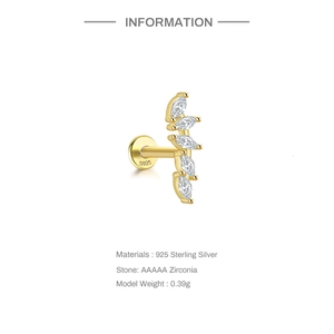 Detail of 925 sterling silver earring with five marquise zirconia in a curved leaf design