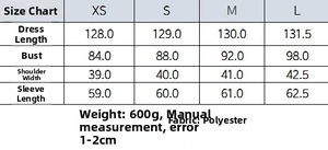 Detailed size chart for the blazer dress showing length, bust, shoulder, and sleeve measurements