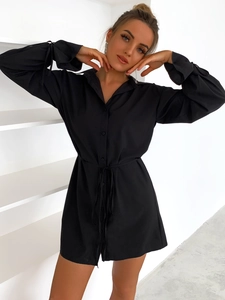 Elegante vestido camisero negro de manga larga con lazo en la cintura mujer