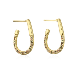 U-shaped gold plated earrings with multicolored rainbow pavé stones on white background