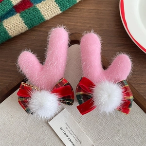 Barrettes bois de renne en peluche rose avec nœuds à carreaux et pompons pour Noël