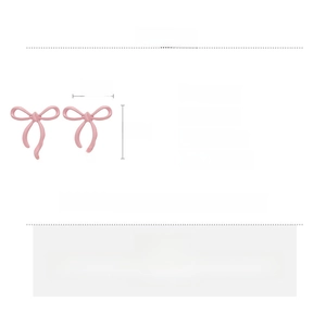 Pink bow earring specifications showing alloy material, silver needles, and 2.5x2.2cm size