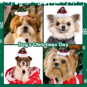 Collage of dogs wearing plaid Christmas hats with plush pom-poms and adjustable straps